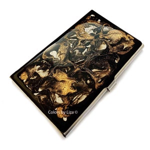 Estuche de tarjeta de visita negro y dorado en esmalte pintado a mano Fluorite Quartz Inspired Metal Wallet Opciones de color personalizadas y personalizadas