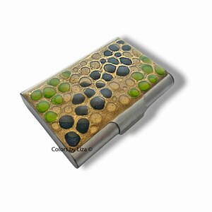 Handbemalter großer Visitenkartenhalter in Glänzend Schwarz Gold und Lindgrün Enamel High Capacity Case Individuelle Farben und personalisierte Optionen