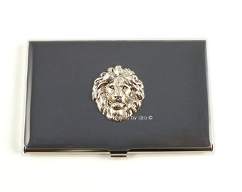 Lion Inlaid in Hand Painted Enamel Gray Opaque Metal Wallet Custom Colors and Personalized Options