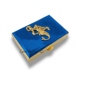 Antique Gold Mermaid Pill Box: Hand Painted Cobalt Blue Enamel, Personalized Option