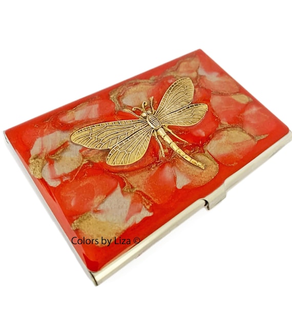 NHYDSPQ Business Card Holder/case,Hand Painted Blue Dragonfly Print...