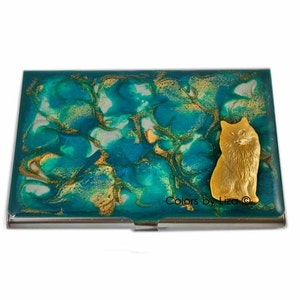 Katzen Visitenkartentasche in Handbemalt Türkis und Gold Enamel Quarz inspirierte Metall Geldbörse personalisiert und individuelle Farboptionen