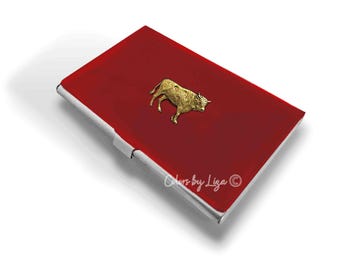 Portacarte da visita a forma di toro: intarsio in oro antico, opzione personalizzabile
