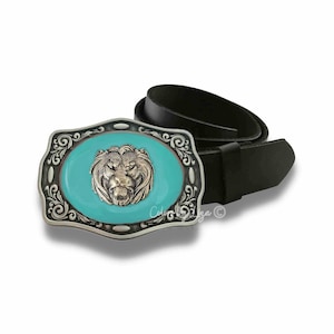 Feirce Lion Head Belt Buckle Inlaid in Hand Painted Cockatoo Teal Opaque Enamel Safari Inspired Belt Buckle with Custom Colors Available