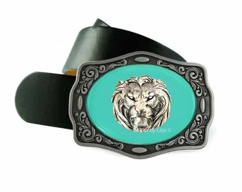 Feirce Lion Head Belt Buckle Inlaid in Hand Painted Cockatoo Teal Opaque Enamel Safari Inspired Belt Buckle with Custom Colors Available
