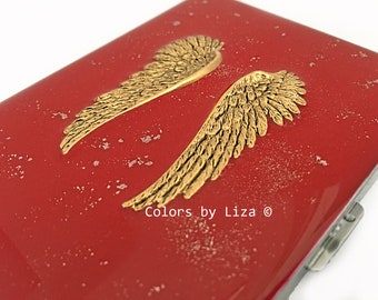 Antique Gold Wings Metal Cigarette Case Hand Painted Red Enamel with Silver Splash Color and Personalized Options Available