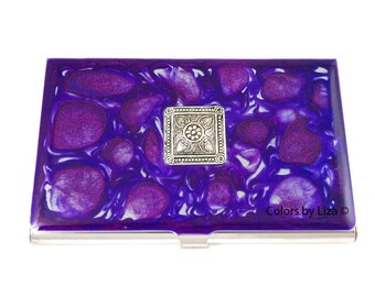 Neoclassic Medallion Business Card Case Inlaid in Hand Painted Enamel Purple and Blues Pebbles Personalized and Custom Color Options