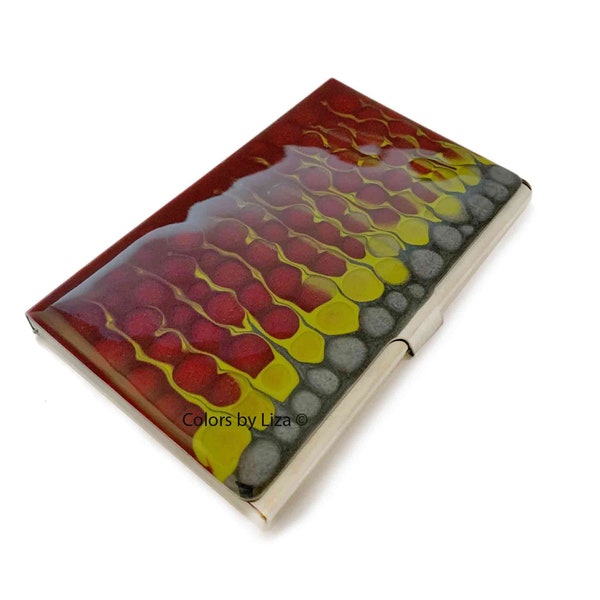 Hand Painted Business Card Case Berry Red Mustard and Gray Enamel Modern Abstract Design with Personalized and Color Options Available