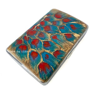 Peacock Cigarette Case Hand Painted Enamel Red Turquoise and Gold  Metal Wallet Personalize Engraving and Color Options