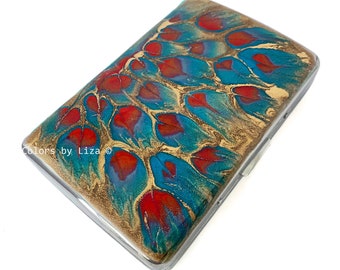 Peacock Cigarette Case Hand Painted Enamel Red Turquoise and Gold  Metal Wallet Personalize Engraving and Color Options