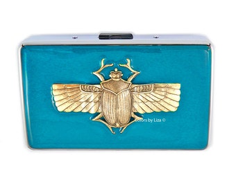 Art Deco Scarab Cigarette Case Inlaid in Hand Painted Turquoise Enamel Egyptian Beetle Metal Wallet Custom Colors and Personalized Options