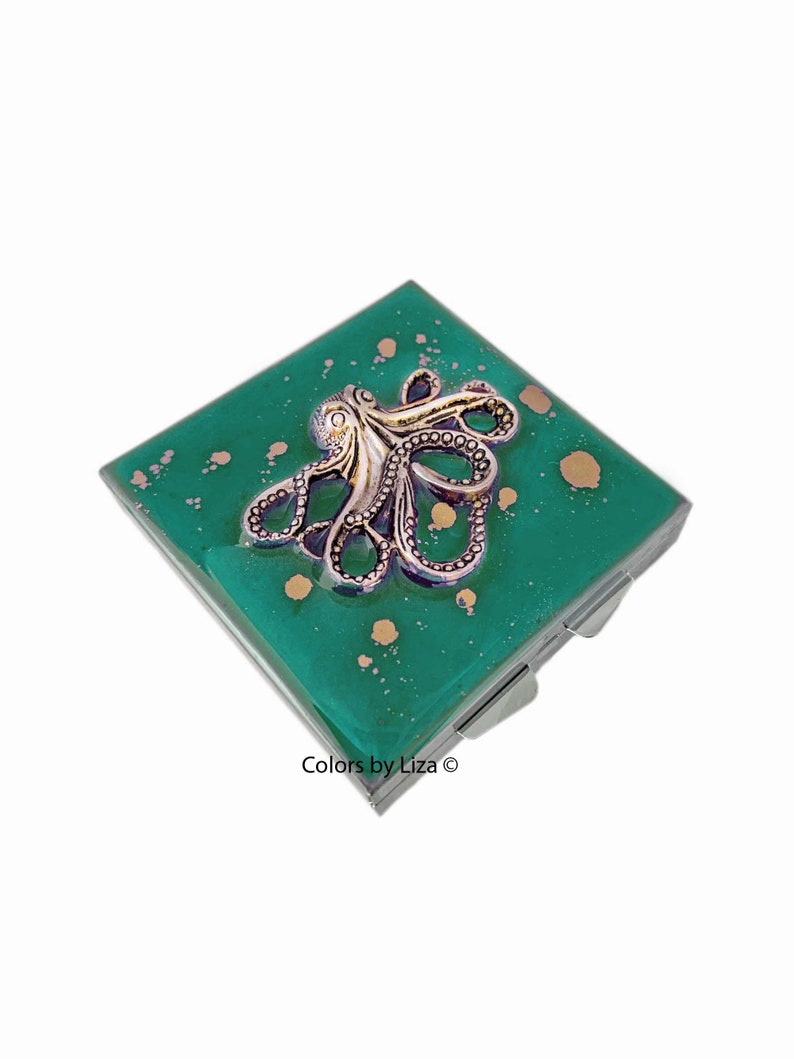 Octopus Pill Box Hand Painted Glassoy Teal Opaque Enamel Nautical Design with Custom Colors and Personalized Options Available