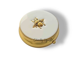 Antique Gold Bee Pill Box Inlaid in Hand Painted White Enamel Vintage Style Inspired with Personalize and Color Options Available