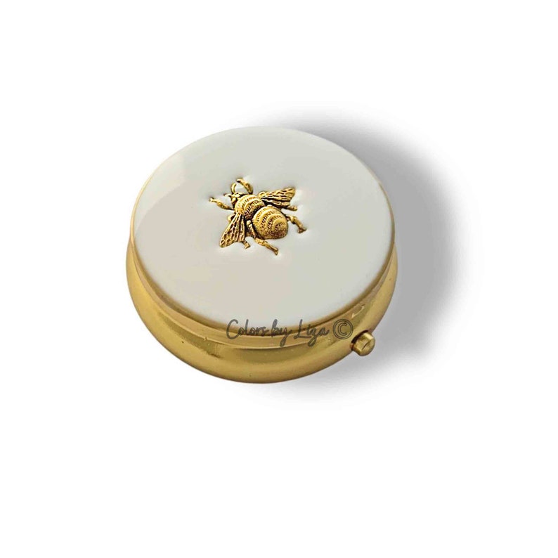 Antique Gold Bee Pill Box Inlaid in Hand Painted White Enamel Vintage Style Inspired with Personalize and Color Options Available image 1