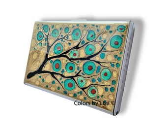 Blossom Credit Card Wallet with RFID Blocker in Hand Painted Gold with Turquoise and Red Flowers Enamel with Personalized Options Available