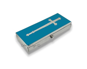 Antique Silver Sword Pill Box with 2 Large Compartments Inlaid in Turquoise Opaque Enamel Vintage Style with Personalized and Color Options