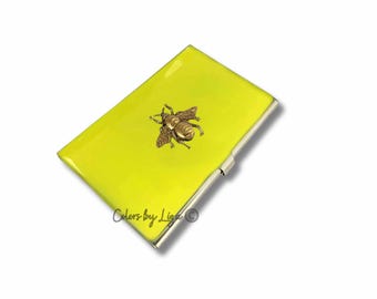 Hand Painted Bee Business Card Case: Antique Gold Inlay, Personalized