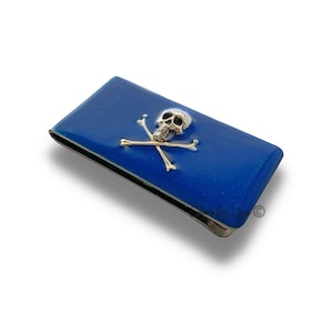 Skull and Crossbones Money Clip: Hand Painted Cobalt Blue Enamel, Personalized Option