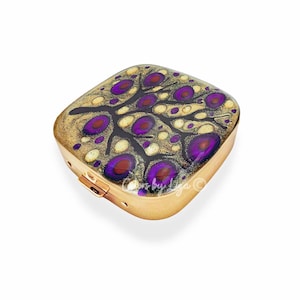 Hand Painted Flower Pill Case with Mirror: Purple Blossom Enamel, Personalized Option