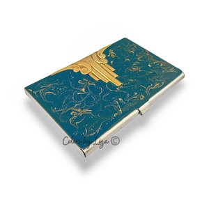 Art Deco Visitenkartenetui Intarsien in Handbemalt Petrol mit Gold Swirl Emaille Vintage Inspiriert mit Farbe und personalisierten Optionen