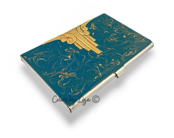 Art Deco Business Card Case Inlaid in Hand Painted Teal with Gold Swirl Enamel Vintage Inspired with Color and Personalized Options