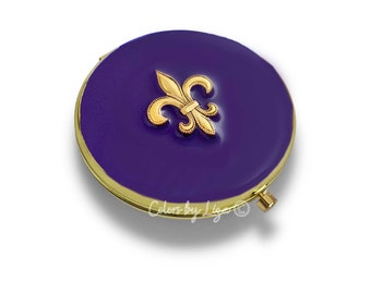 Antique Gold Fleur De Lis Compact Mirror inlaid in Hand Painted Purple Enamel Art Deco Design with Personalized and Color Options