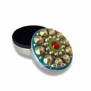 Antique Gold Bejeweled Jewelry Box: Hand Painted Enamel, Velvet Lined