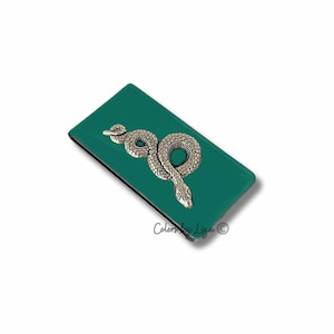 Sujeta billetes de plata antigua con forma de serpiente, estilo art déco, estilo vintage, personalizable y con opciones de color, con incrustaciones de esmalte verde azulado.