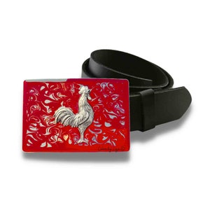 Hand Painted Rooster Belt Buckle: Red Swirl Enamel Art Deco