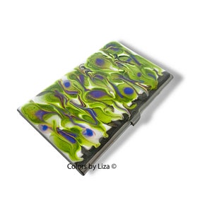 Estuche de tarjeta de visita pintado a mano en verde lima cobalto y esmalte gris Diseño abstracto Opciones de color personalizadas y personalizadas disponibles