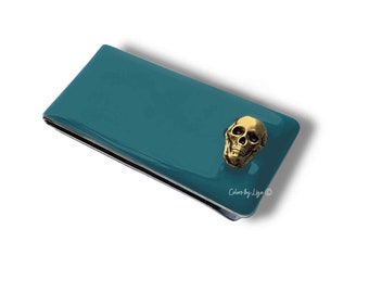 Skull and Crossbones Money Clip inlaid in Hand Painted Poppy Red Enamel with Personalized and Assorted Color Options Available