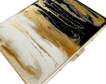 Estuche para cigarrillos abstracto pintado a mano: negro, blanco y dorado, personalizado