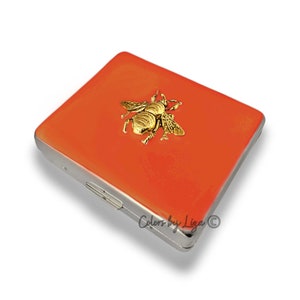 Gold Bee Pill Box: Handbemalte Orange Emaille, Jugendstil Inspiriert