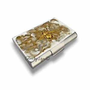 Estuche para tarjetas de visita grande con diseño de abeja dorada antigua en cuarzo blanco pintado a mano con opciones de color y personalización disponibles