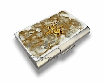 Antique Gold Bee Business Card Case: Hand Painted White Quartz Design