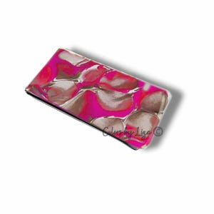 Clip para billetes de metal fucsia, rosa y gris, inspirado en el cuarzo, pintado a mano, acabado en esmalte brillante con opciones de color y personalizadas disponibles