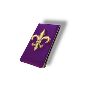 Antique Gold Fleur de Lis Money Clip Hand Painted Purple Opaque Enamel Medieval Inspired with Personalized and Color Options image 1