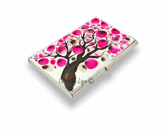 Hand Painted Blossom Business Card Case: Enamel Fuchsia & Gray
