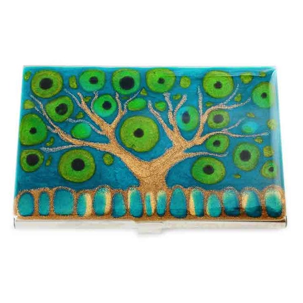 Business Card Case in Hand Painted Enamel Peacock Blue Green Purple and Gold Tree of Life Metal Wallet Personalized and Custom Color Options