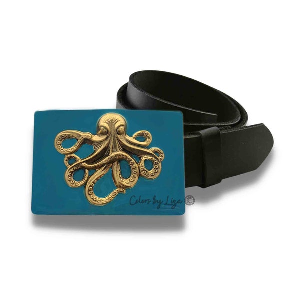 Antique Gold Octopus Belt Buckle in Hand Painted Turquoise Opaque Enamel Vintage Style Nautical Design with Customizable Colors Available