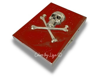 Portasigarette Sottile In Pelle Con Teschio - Capacità 20 Sigarette, 10x9,5x1,8 Cm - Metallico Nero, Per Uomo E Donna