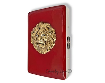 Antique Gold Lion Head Metal Cigarette Case Inlaid in Hand Painted Red Enamel Vintage Style Metal Wallet with Personalize Color Options