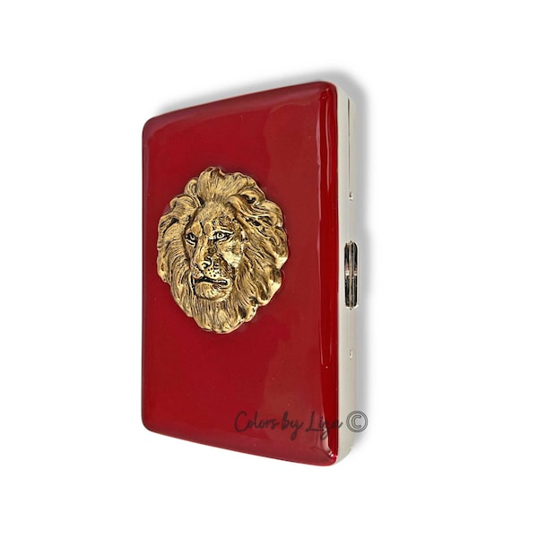 Antique Gold Lion Head Metal Cigarette Case Inlaid in Hand Painted Red Enamel Vintage Style Metal Wallet with Personalize Color Options