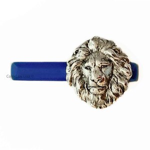 Antique Silver Lion Head Tie Bar: Cobalt Blue Enamel, Neo Classic Style