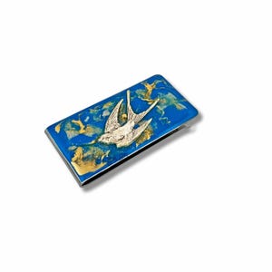 Prendedor de dinheiro Silver Swallow pintado à mão em esmalte azul cobalto e dourado, design inspirado em quartzo com opções personalizadas e de cores