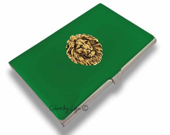 Porta biglietti da visita con leone smaltato verde dipinto a mano - Personalizzato