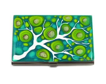 Hand Painted Blossom Business Card Case: Teal & Lime Enamel, Personalized Option