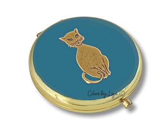Antique Gold Cat Compact Mirror inlaid in Hand Painted Teal Enamel Vintage Style with Personalized and Color Options