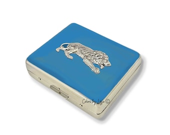 Antique Silver Prowling Lion Weekly Pill Case Organizer Inlaid in Hand Painted Pacific Blue Enamel with Personalized and Color Options