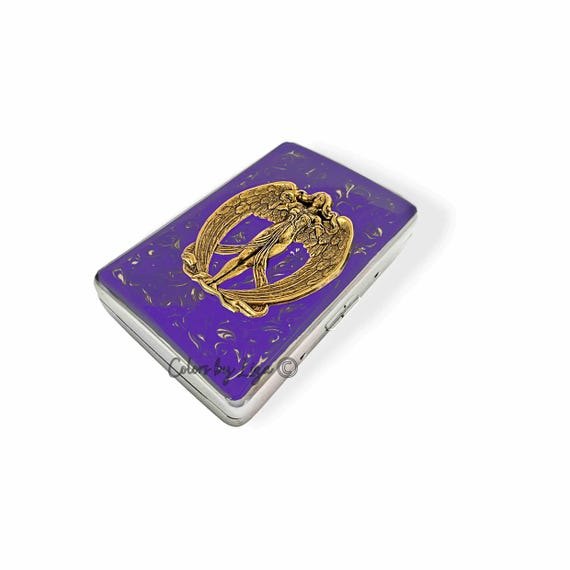 Antique Gold Angel Cigarette Case, Purple Swirl Enamel, Personalized